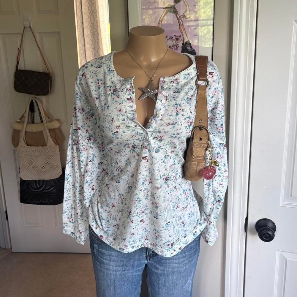 Y2K 2000s coquette floral henley long sleeve top fairycore cottagecore